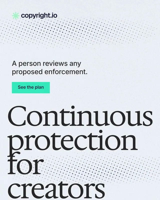 Instagram portrait post for copyright.io: "Continuous protection for creators." Swiss style, oversized layout, light palette in white, grey, blue.