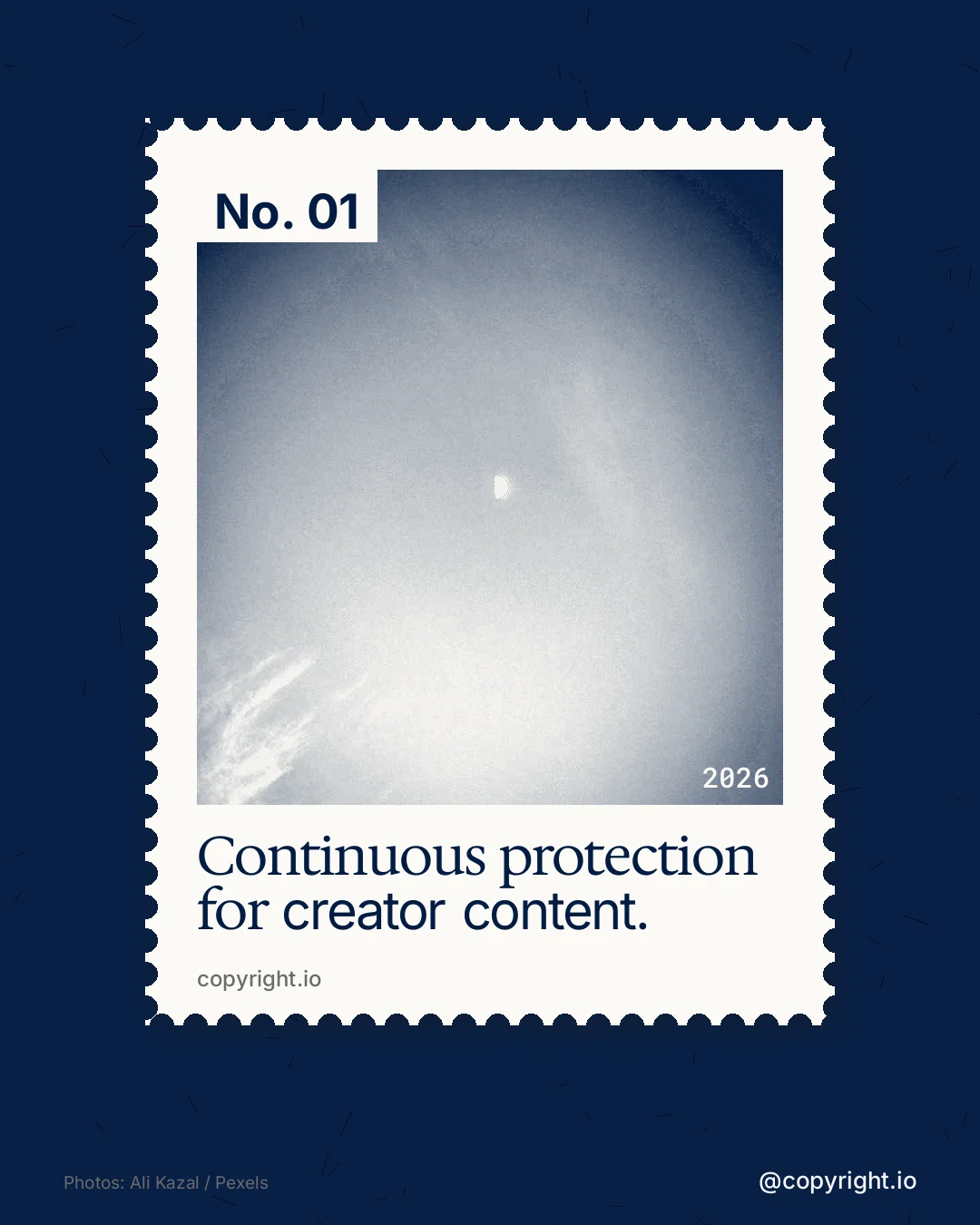 Instagram portrait post for copyright.io: "Continuous protection for creator content." Single style, technique:stamp series layout, light palette in blue, white, grey.