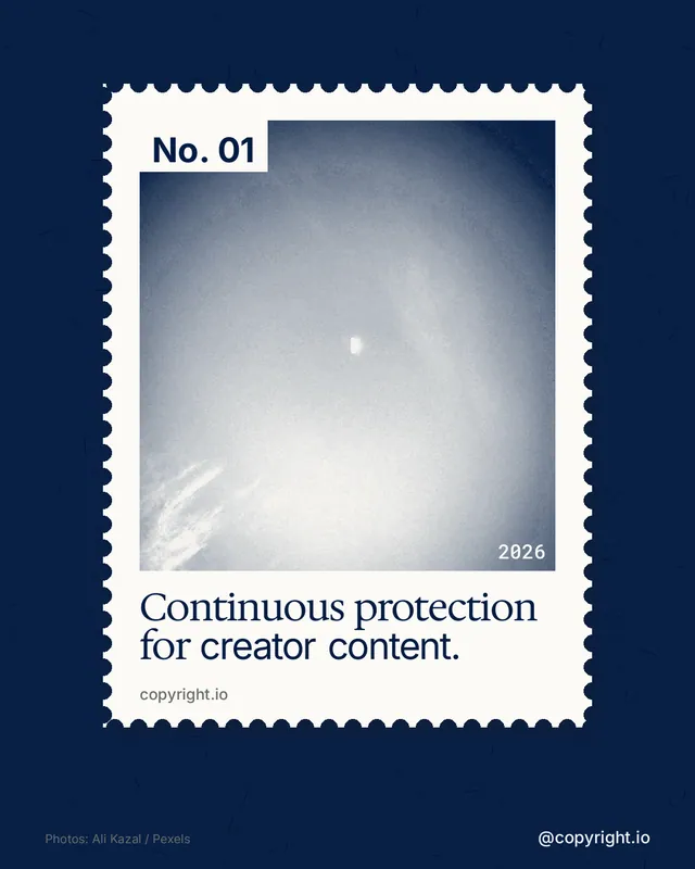 Instagram portrait post for copyright.io: "Continuous protection for creator content." Single style, technique:stamp series layout, light palette in blue, white, grey.
