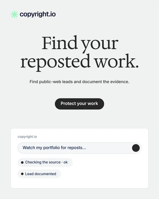 Instagram portrait post for copyright.io: "Find your reposted work." Data card style, centred layout, light palette in white.