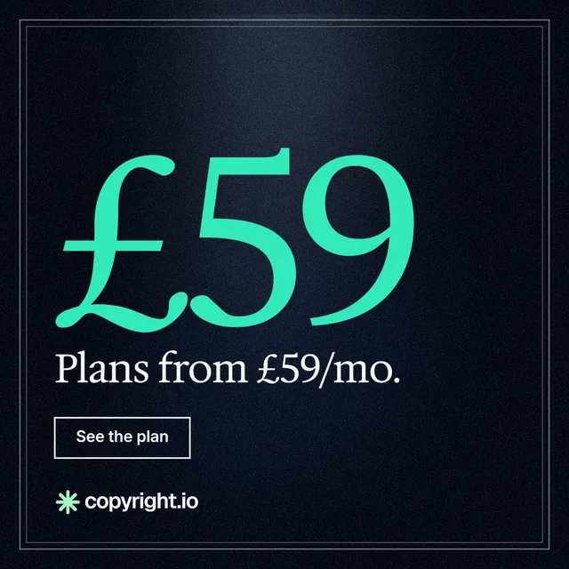 Instagram post for copyright.io: "Choose your scope first. See the plan before payment." Dark deco style, stat layout, dark palette in black, teal.