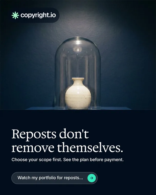 Instagram portrait post for copyright.io: "Reposts don't remove themselves." Agentic glass style, bottom layout, dark palette in blue, black, grey.
