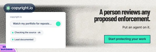 X header for copyright.io: "A person reviews any proposed enforcement." Ink sticker style, right layout, light palette in green, white, grey.