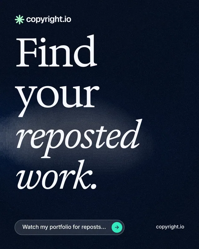 Instagram portrait post for copyright.io: "Find your reposted work." Thermal style, poster layout, dark palette in black, grey.