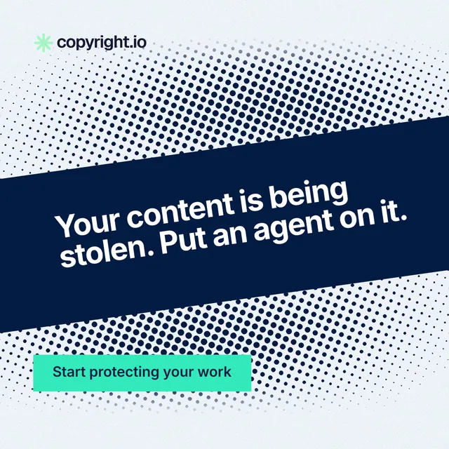 Instagram post for copyright.io: "Your content is being stolen. Put an agent on it." Swiss style, diagonal layout, light palette in blue, grey, white.