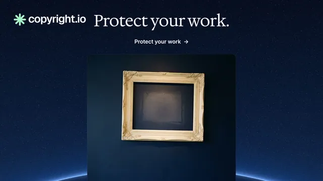 Landscape graphic for copyright.io: "Protect your work." Agentic glass style, ogui layout, dark palette in blue, black, grey.