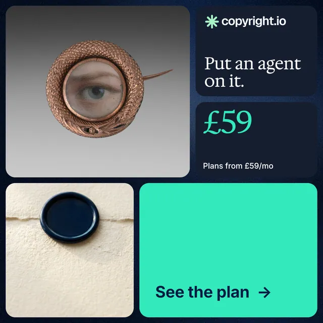 Instagram post for copyright.io: "Put an agent on it." Agentic glass style, bento layout, light palette in blue, grey, teal.