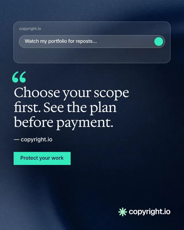 Instagram portrait post for copyright.io: "Choose your scope first. See the plan before payment." Swiss style, quote layout, dark palette in blue, black.