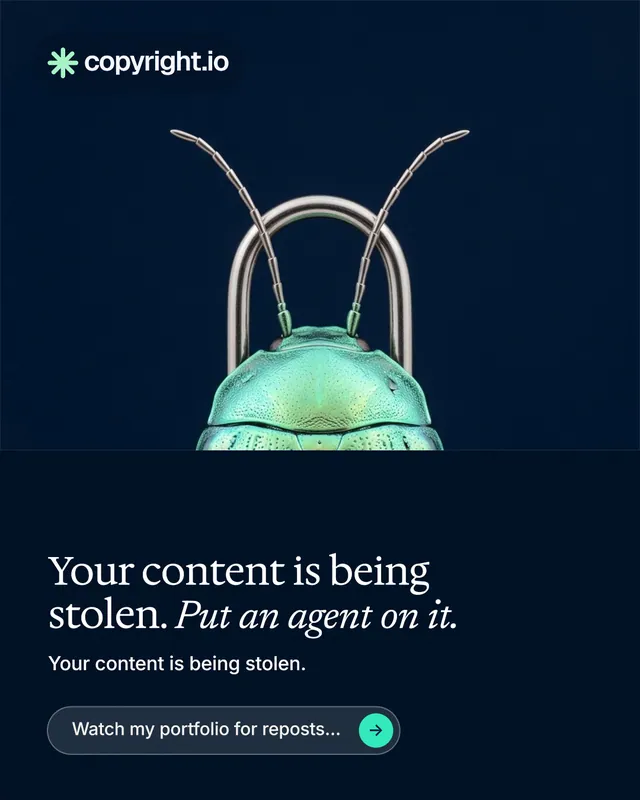 Instagram portrait post for copyright.io: "Your content is being stolen. Put an agent on it." Agentic glass style, bottom layout, dark palette in black, blue.