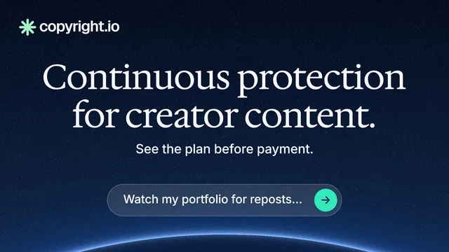 Landscape graphic for copyright.io: "Continuous protection for creator content." Agentic glass style, centred layout, dark palette in black, blue, grey.
