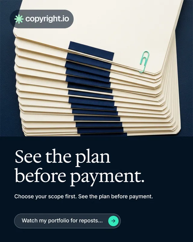 Instagram portrait post for copyright.io: "See the plan before payment." Agentic glass style, bottom layout, dark palette in yellow, black, blue.
