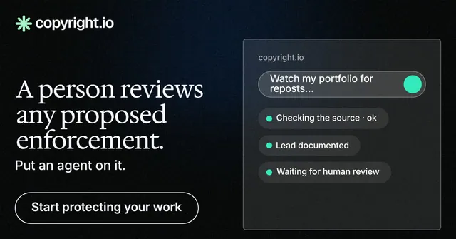 Social ad for copyright.io: "A person reviews any proposed enforcement." Phosphor atlas style, bottom layout, dark palette in black, grey.