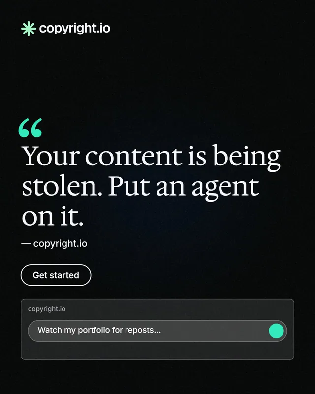 Instagram portrait post for copyright.io: "Your content is being stolen. Put an agent on it." Phosphor atlas style, quote layout, dark palette in black.
