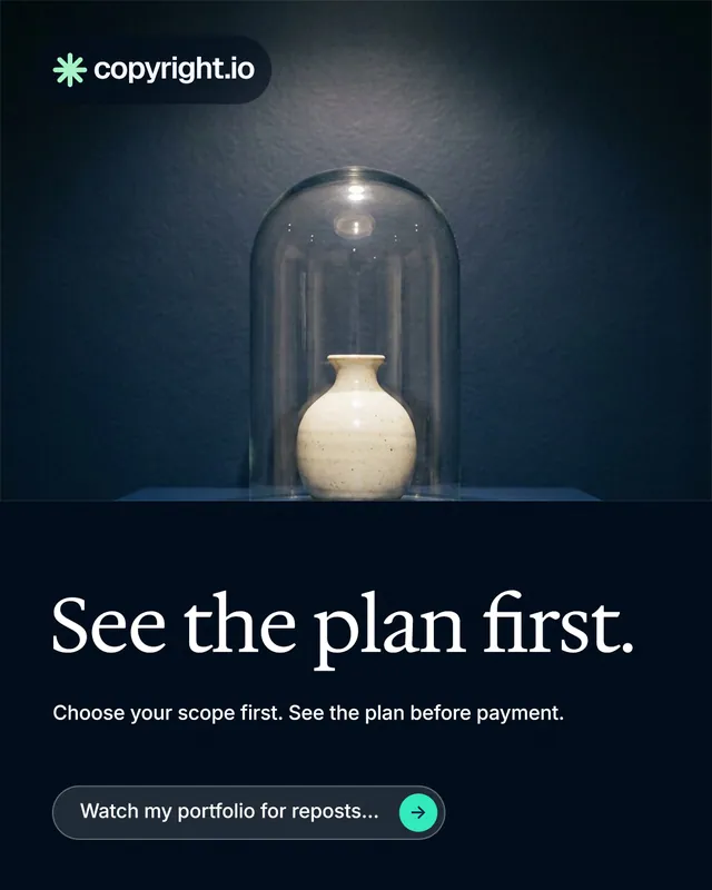 Instagram portrait post for copyright.io: "See the plan first." Agentic glass style, bottom layout, dark palette in black, blue, grey.