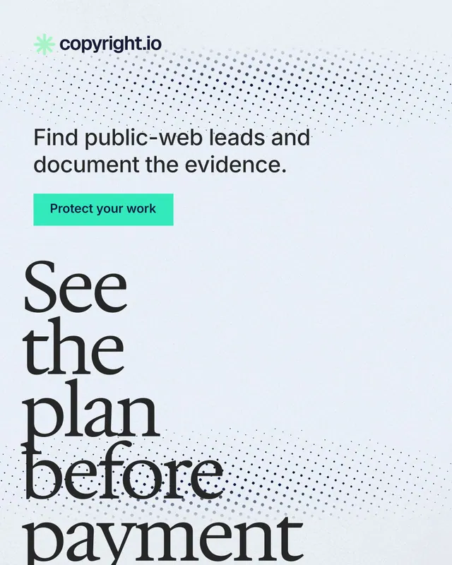 Instagram portrait post for copyright.io: "See the plan before payment." Swiss style, oversized layout, light palette in white, blue, grey.