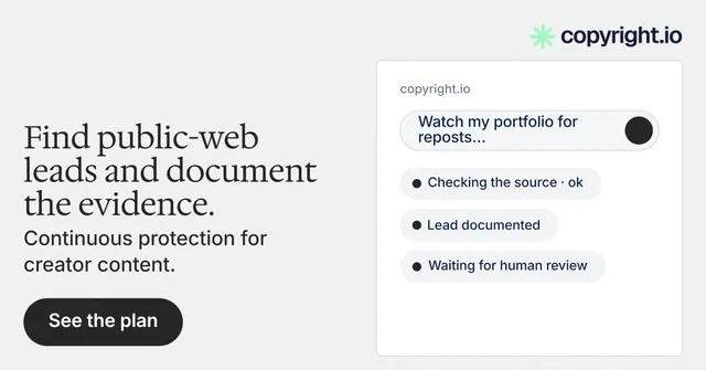 Social ad for copyright.io: "Find public-web leads and document the evidence." Data card style, bottom layout, light palette in white, grey.