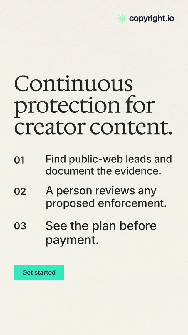 Instagram story for copyright.io: "Continuous protection for creator content." Swiss style, numbered layout, light palette in white, grey.