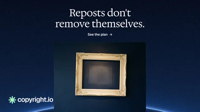 Landscape graphic for copyright.io: "Reposts don't remove themselves." Agentic glass style, ogui layout, dark palette in black, blue, grey.