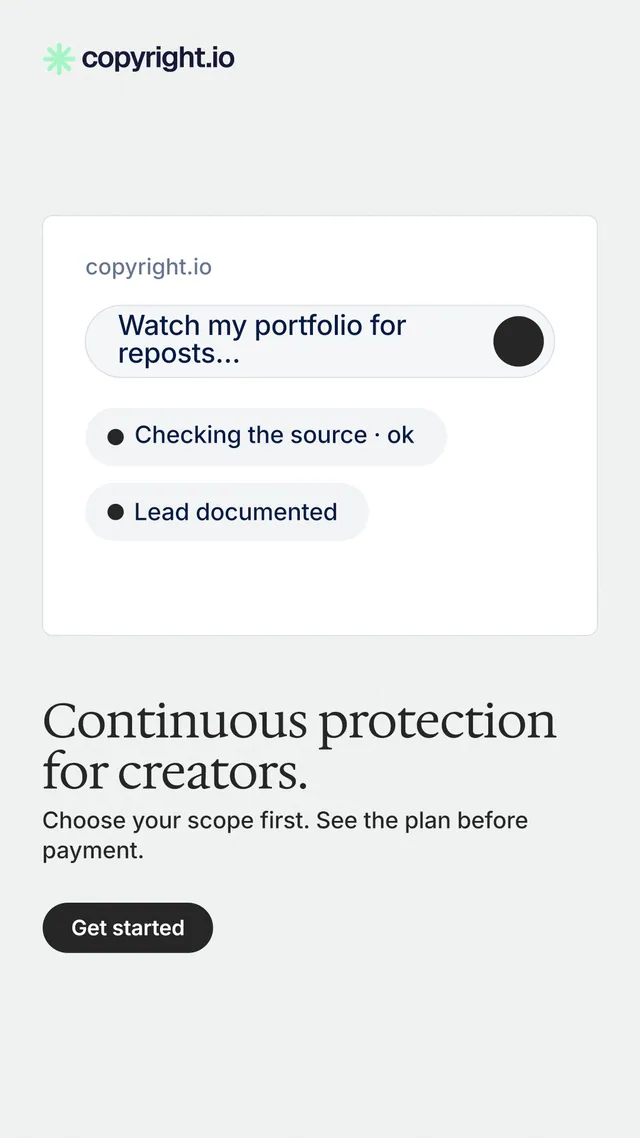 Instagram story for copyright.io: "Continuous protection for creators." Data card style, bottom layout, light palette in white.