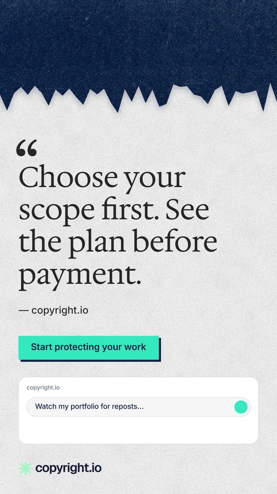 Instagram story for copyright.io: "Choose your scope first. See the plan before payment." Paper trio style, quote layout, light palette in white, blue, grey.