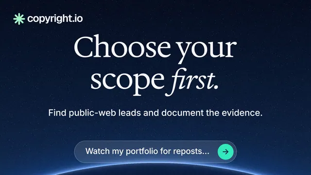 Landscape graphic for copyright.io: "Choose your scope first." Agentic glass style, centred layout, dark palette in black, blue.