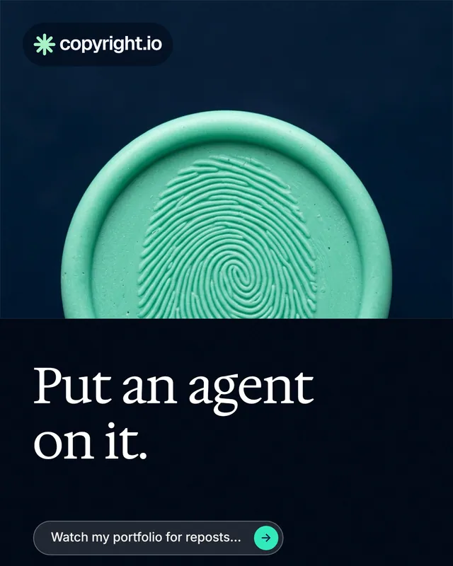 Instagram portrait post for copyright.io: "Put an agent on it." Agentic glass style, bottom layout, dark palette in black, blue, teal.