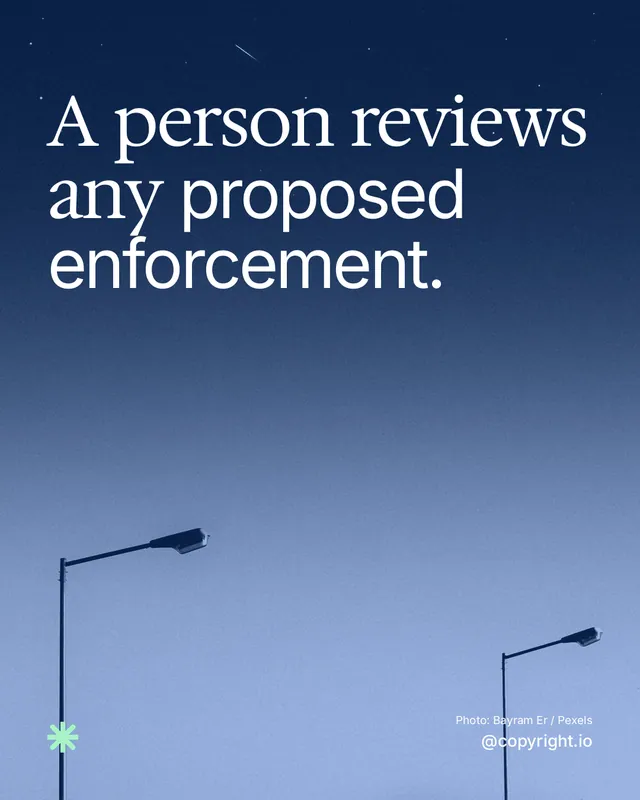 Instagram portrait post for copyright.io: "A person reviews any proposed enforcement." Duotone style, technique:pexels ingredient layout, dark palette in blue.
