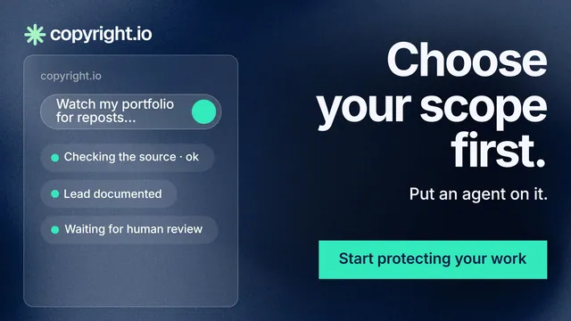 Landscape graphic for copyright.io: "Choose your scope first." Swiss style, right layout, dark palette in black, blue, teal.