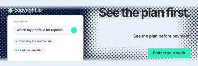 X header for copyright.io: "See the plan first." Swiss style, right layout, light palette in white, teal, grey.