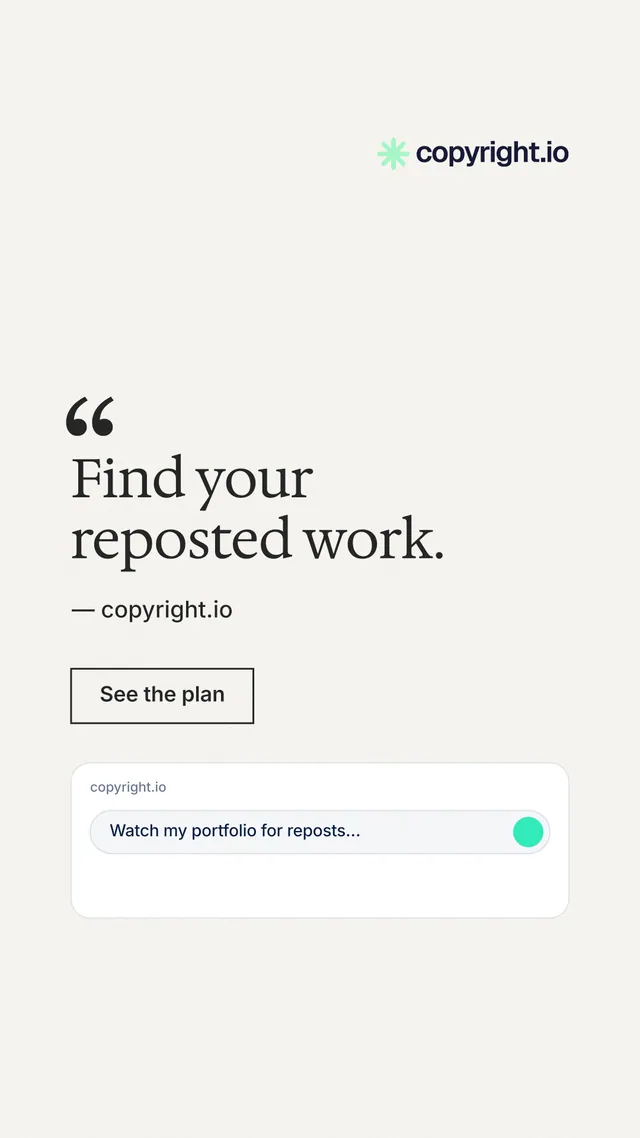 Instagram story for copyright.io: "Find your reposted work." Editorial style, quote layout, light palette in white.