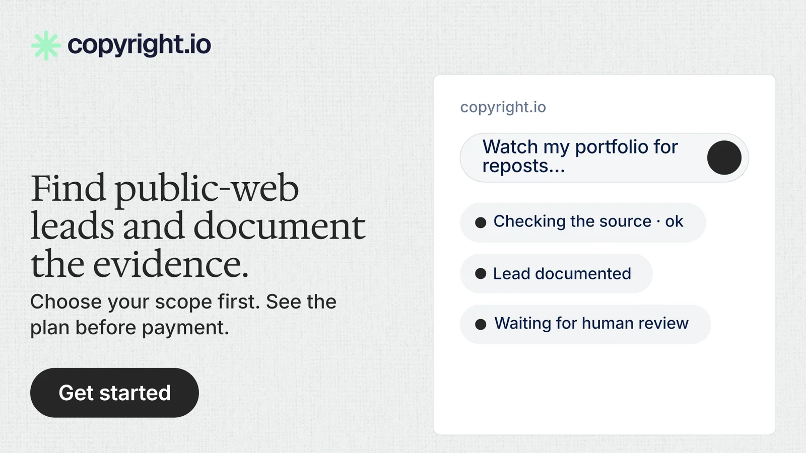 Landscape graphic for copyright.io: "Find public-web leads and document the evidence." Data card style, bottom layout, light palette in white, grey.