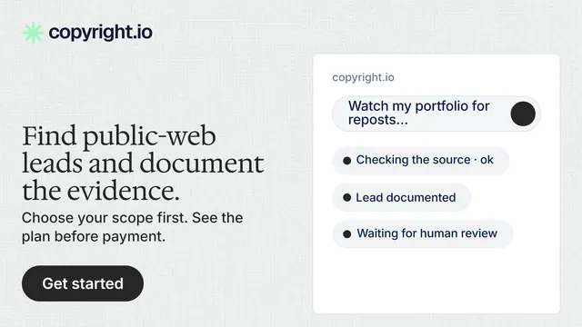 Landscape graphic for copyright.io: "Find public-web leads and document the evidence." Data card style, bottom layout, light palette in white, grey.