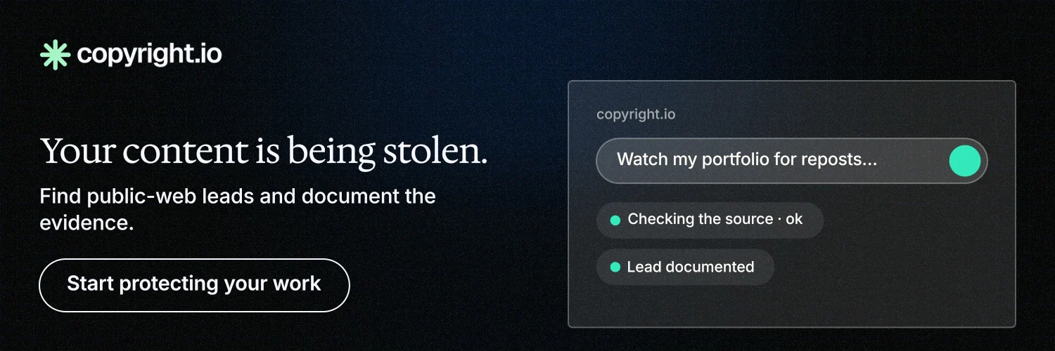 X header for copyright.io: "Your content is being stolen." Phosphor atlas style, bottom layout, dark palette in black, grey.