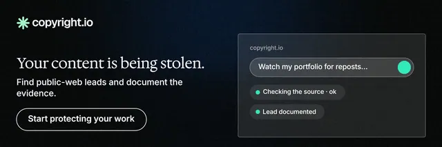 X header for copyright.io: "Your content is being stolen." Phosphor atlas style, bottom layout, dark palette in black, grey.