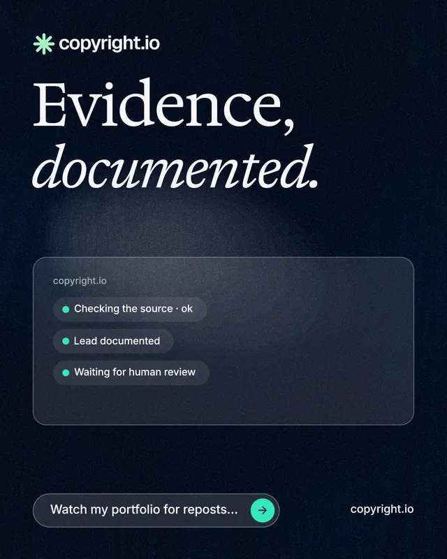 Instagram portrait post for copyright.io: "Evidence, documented." Thermal style, poster layout, dark palette in blue, black, grey.