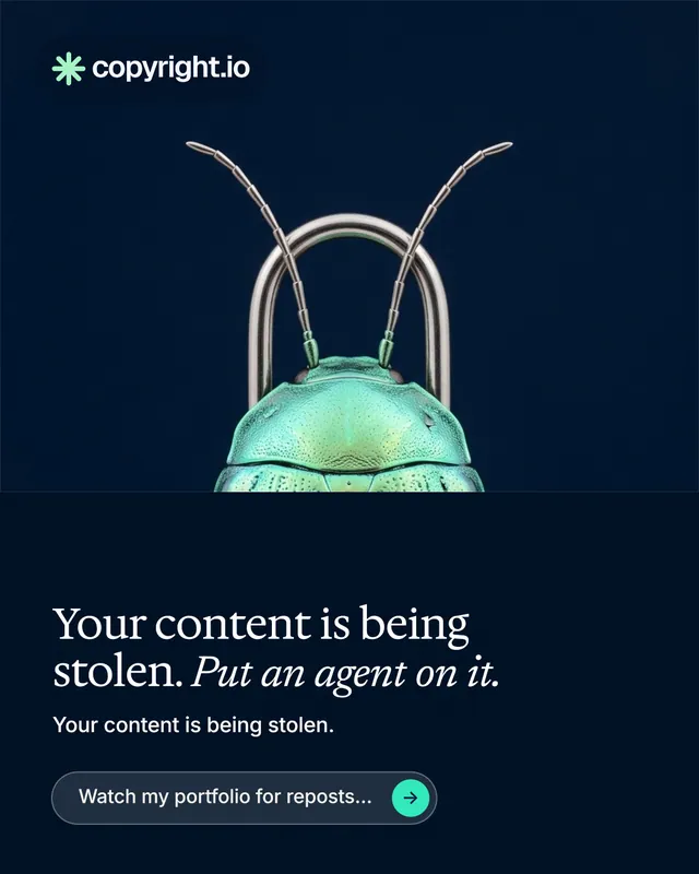 Instagram portrait post for copyright.io: "Your content is being stolen. Put an agent on it." Agentic glass style, bottom layout, dark palette in black, blue.