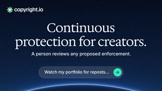 Landscape graphic for copyright.io: "Continuous protection for creators." Agentic glass style, centred layout, dark palette in blue, black.