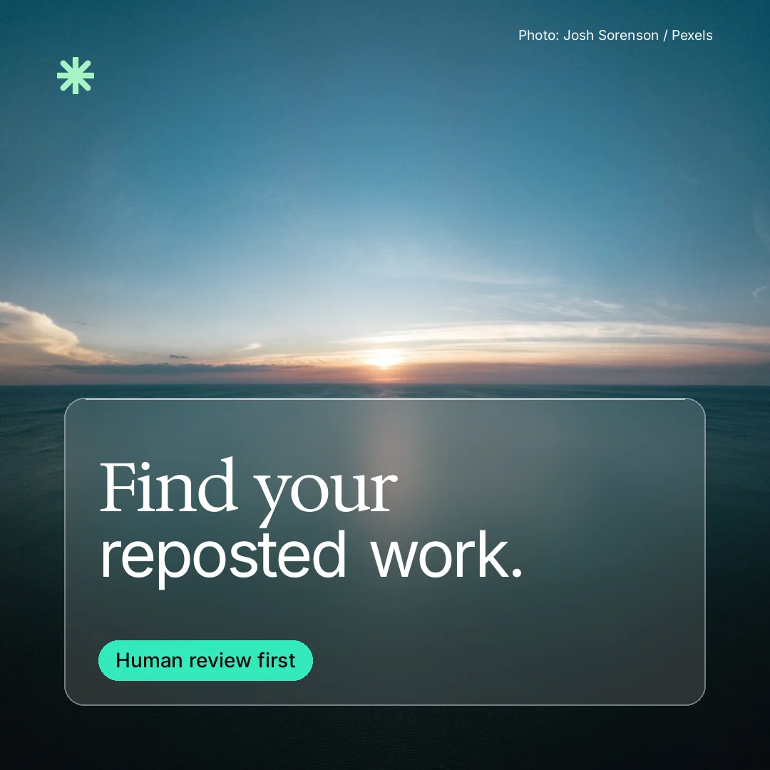 Instagram post for copyright.io: "Find your reposted work." Glass style, technique:pexels ingredient layout, dark palette in teal, blue.