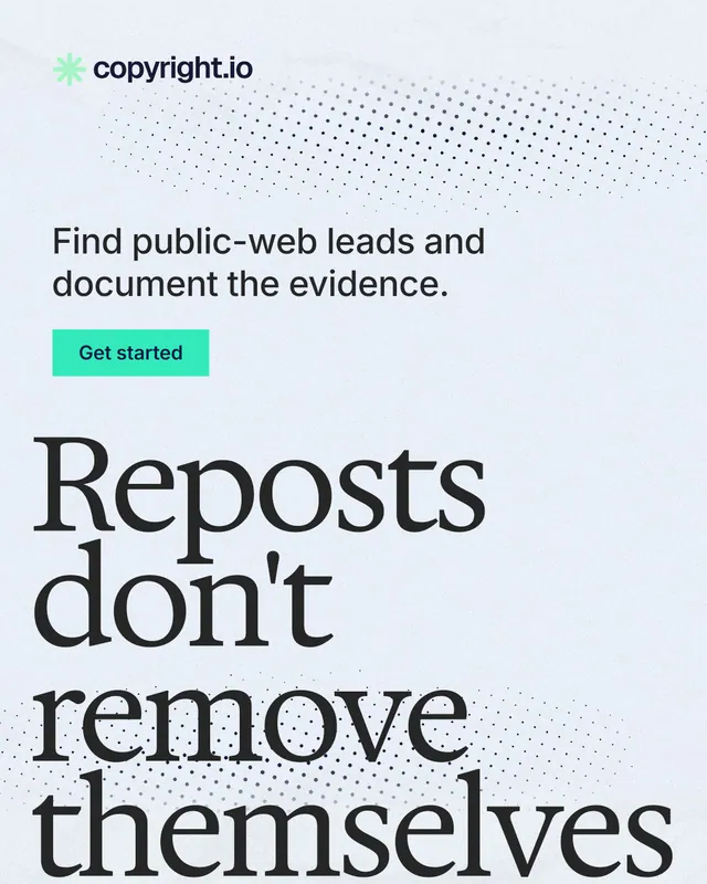 Instagram portrait post for copyright.io: "Reposts don't remove themselves." Swiss style, oversized layout, light palette in white, grey, blue.