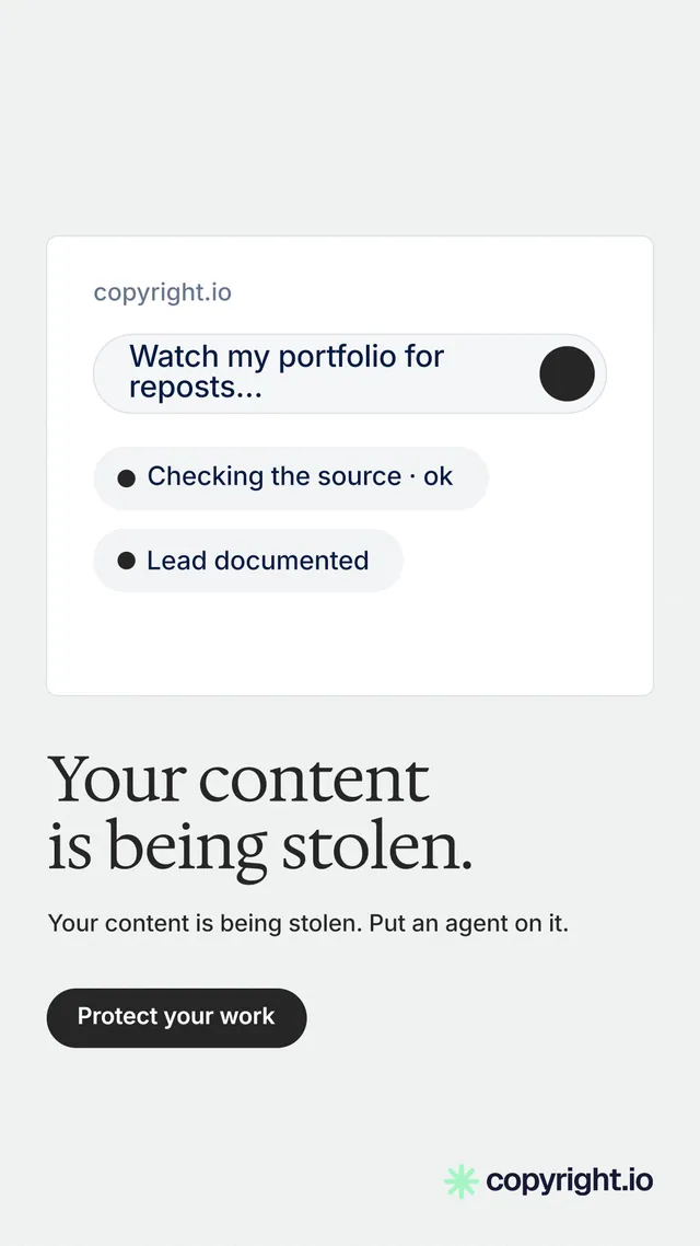 Instagram story for copyright.io: "Your content is being stolen." Data card style, bottom layout, light palette in white.