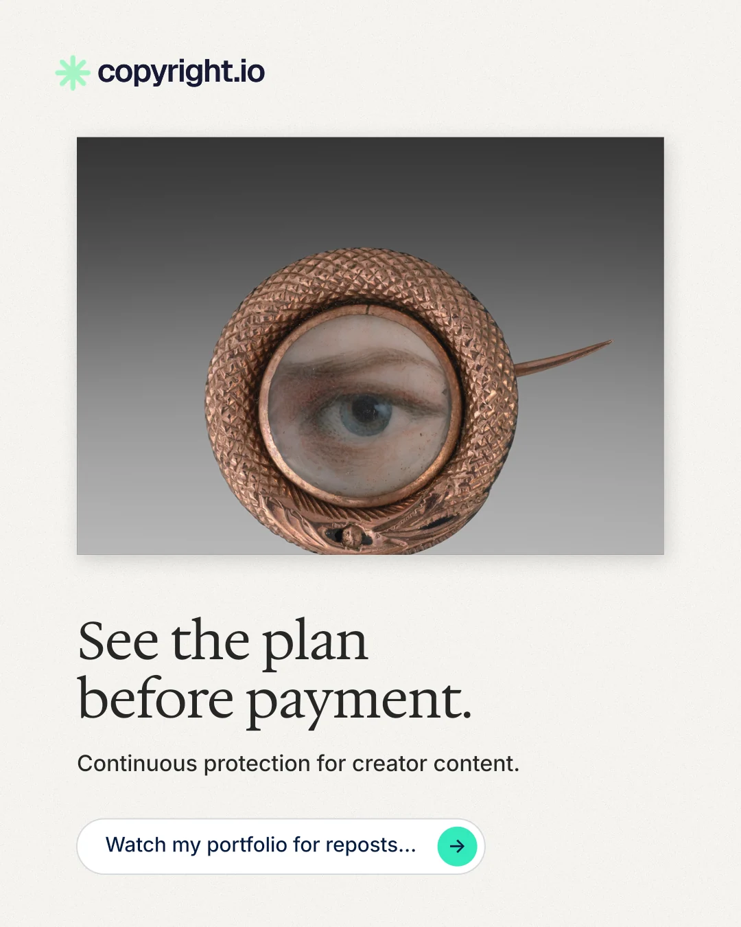 Instagram portrait post for copyright.io: "See the plan before payment." Agentic glass style, bottom layout, light palette in white, grey.