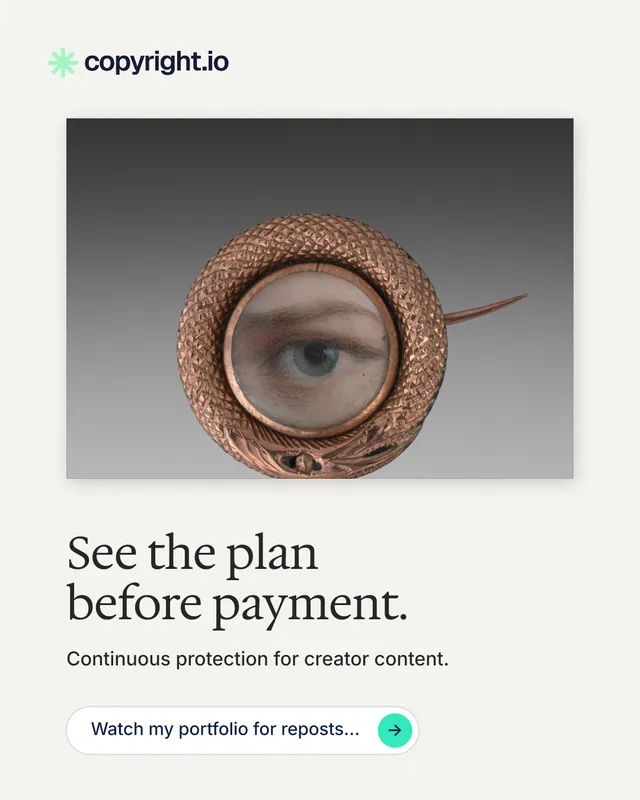 Instagram portrait post for copyright.io: "See the plan before payment." Agentic glass style, bottom layout, light palette in white, grey.