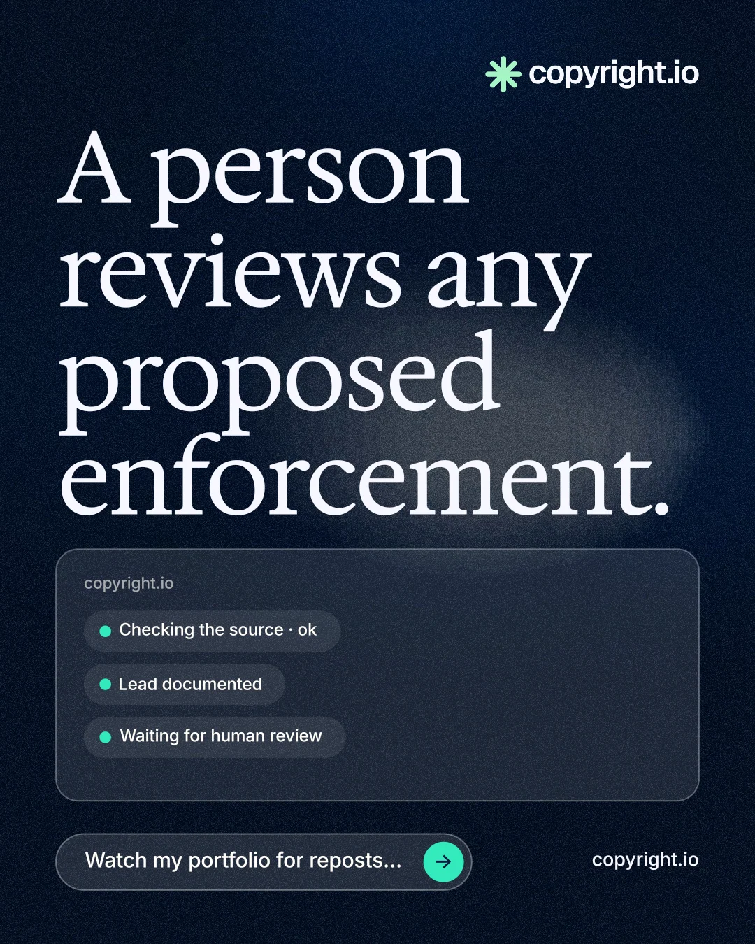 Instagram portrait post for copyright.io: "A person reviews any proposed enforcement." Thermal style, poster layout, dark palette in blue, black, grey.