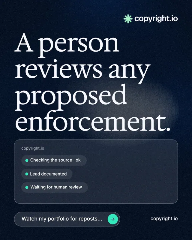 Instagram portrait post for copyright.io: "A person reviews any proposed enforcement." Thermal style, poster layout, dark palette in blue, black, grey.