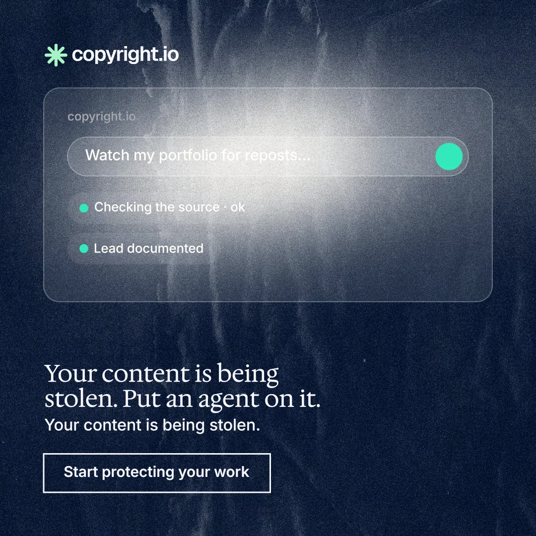 Instagram post for copyright.io: "Your content is being stolen. Put an agent on it." Cyanotype style, bottom layout, dark palette in blue, grey.