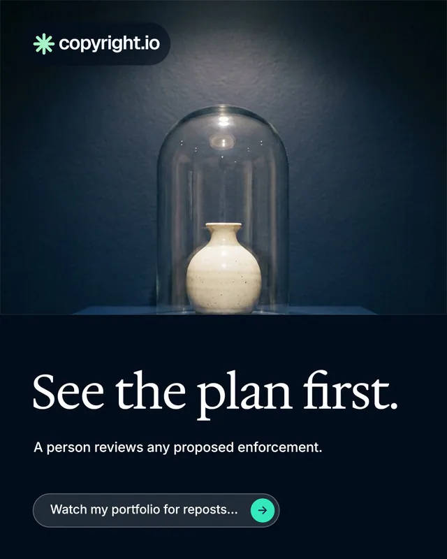 Instagram portrait post for copyright.io: "See the plan first." Agentic glass style, bottom layout, dark palette in black, blue, grey.