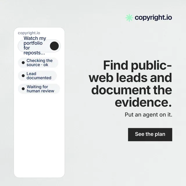 Instagram post for copyright.io: "Find public-web leads and document the evidence." Swiss style, right layout, light palette in white, grey.