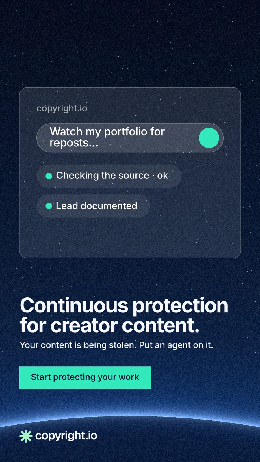 Instagram story for copyright.io: "Continuous protection for creator content." Swiss style, bottom layout, dark palette in blue, black, teal.