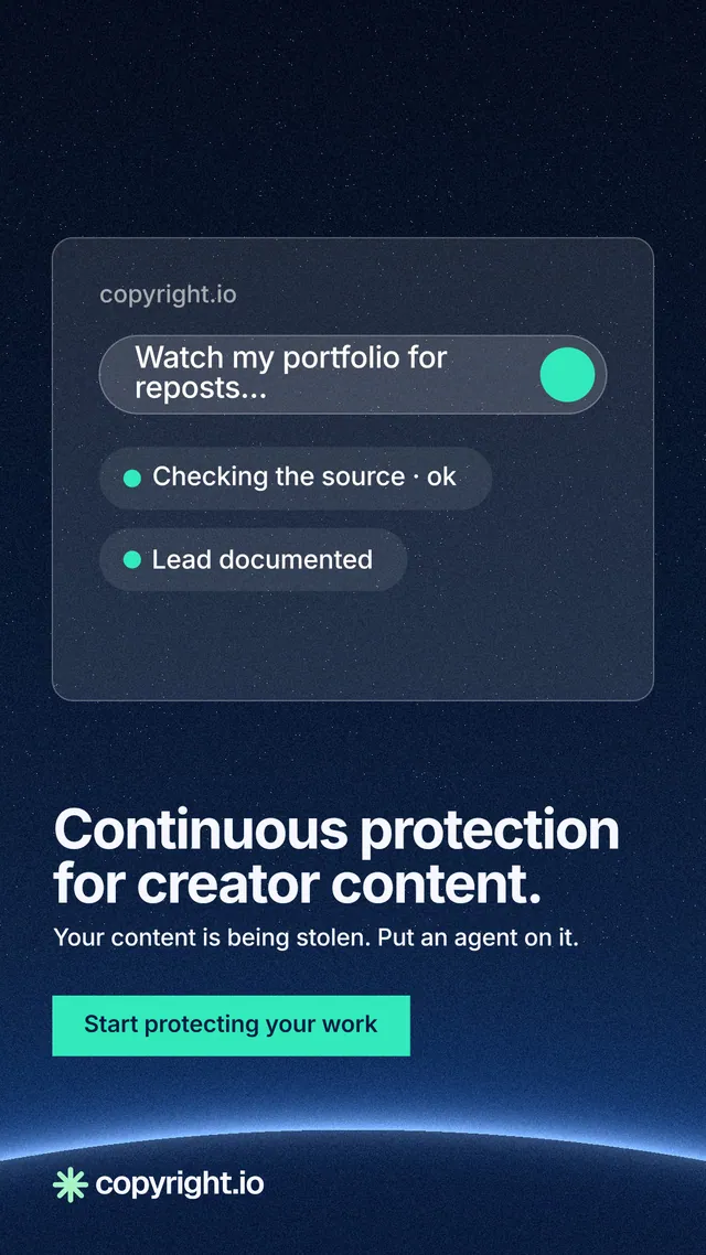 Instagram story for copyright.io: "Continuous protection for creator content." Swiss style, bottom layout, dark palette in blue, black, teal.