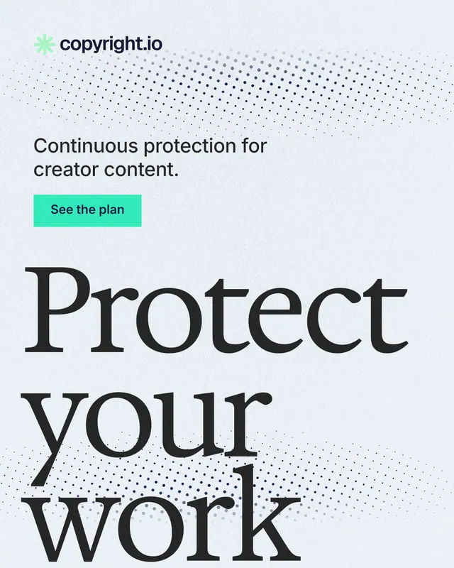 Instagram portrait post for copyright.io: "Protect your work." Swiss style, oversized layout, light palette in white, blue, grey.